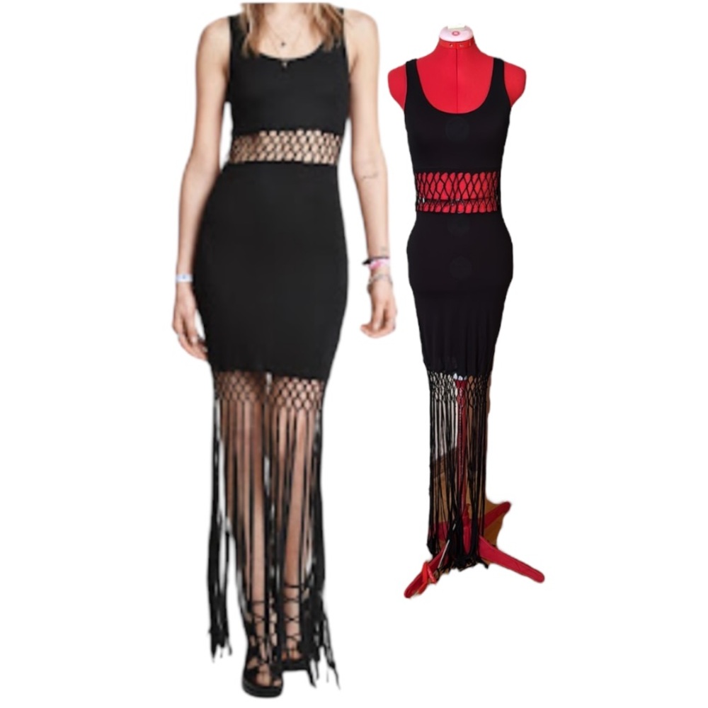 H&M x Coachella Black Sleeveless Dress with Netted Midriff and Fringe Size 6